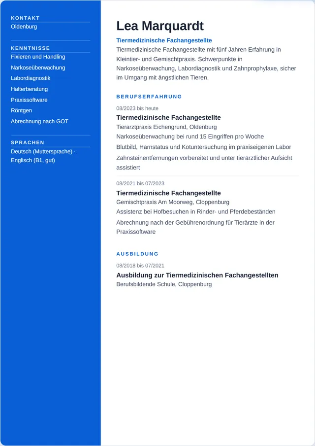 Beispiel-Lebenslauf als Tiermedizinische Fachangestellte mit fiktiven Angaben: Lea Marquardt, Tiermedizinische Fachangestellte