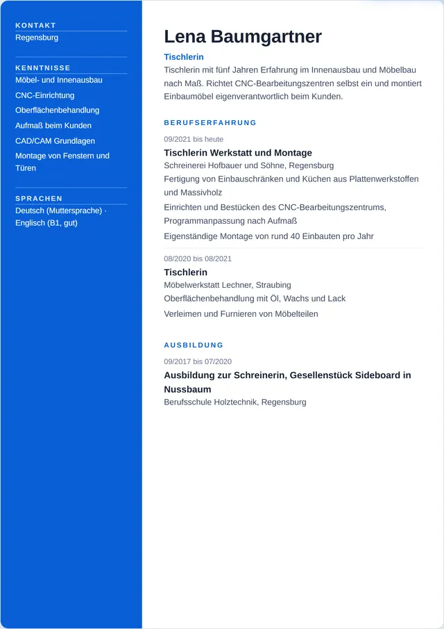 Beispiel-Lebenslauf als Tischler mit fiktiven Angaben: Lena Baumgartner, Tischlerin