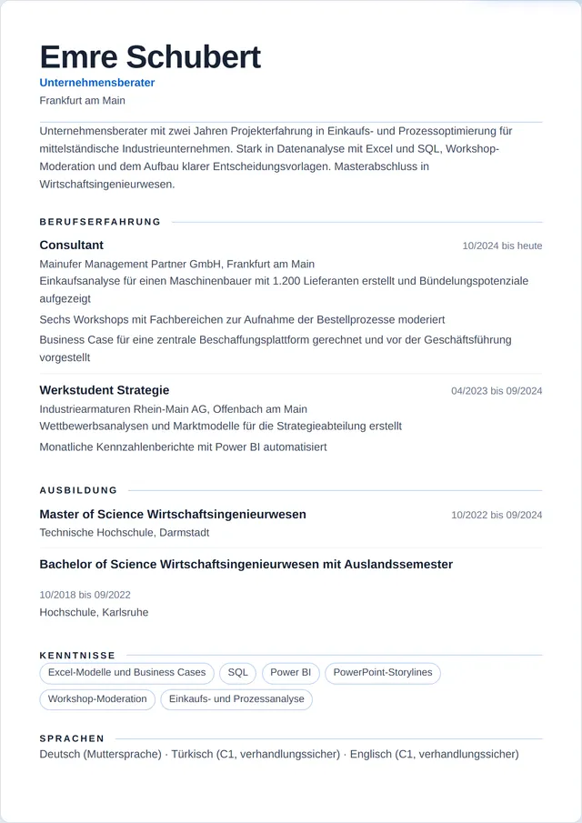 Beispiel-Lebenslauf als Unternehmensberater mit fiktiven Angaben: Emre Schubert, Unternehmensberater