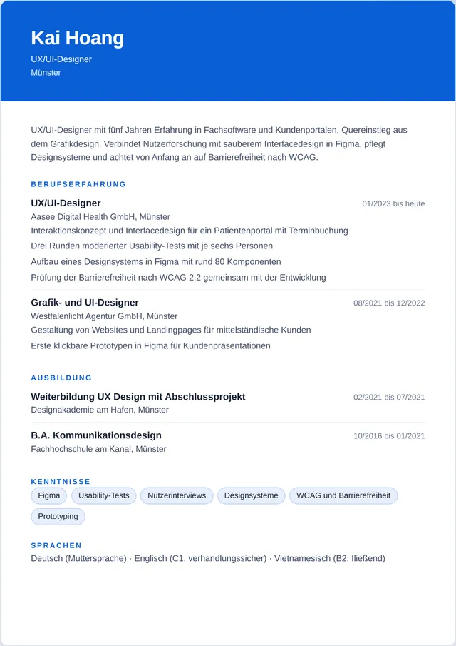 Beispiel-Lebenslauf als UX/UI-Designer mit fiktiven Angaben: Kai Hoang, UX/UI-Designer