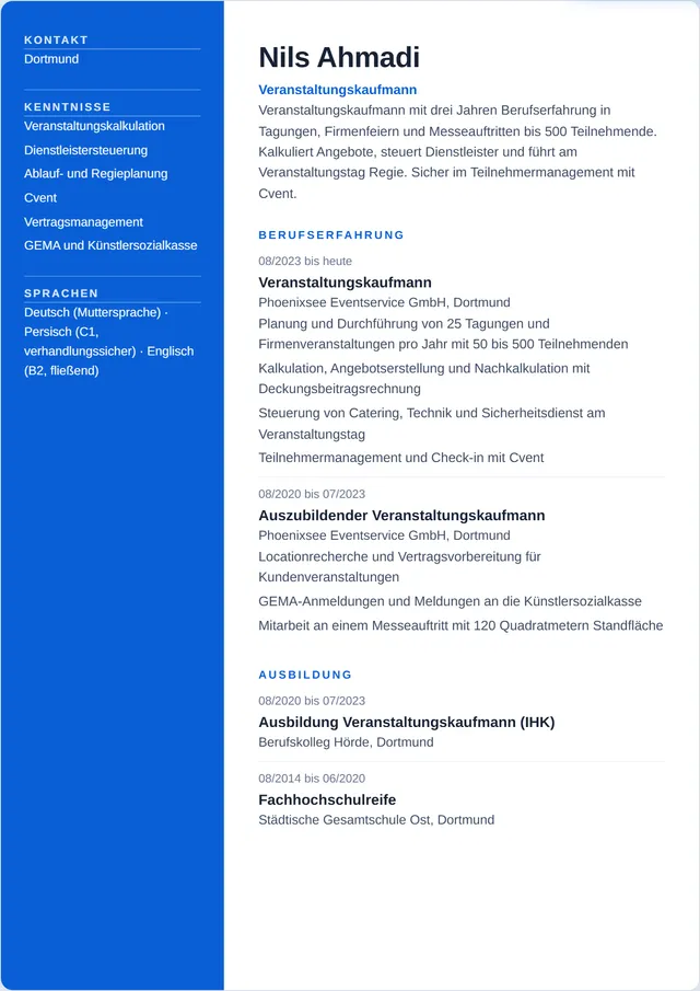 Beispiel-Lebenslauf als Veranstaltungskaufmann mit fiktiven Angaben: Nils Ahmadi, Veranstaltungskaufmann