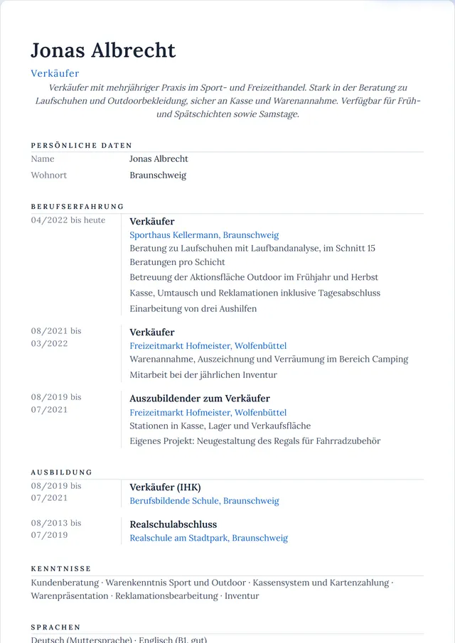 Beispiel-Lebenslauf als Verkäufer mit fiktiven Angaben: Jonas Albrecht, Verkäufer