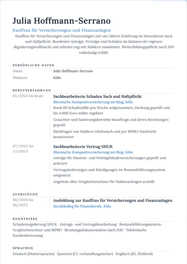 Beispiel-Lebenslauf als Kaufmann für Versicherungen und Finanzanlagen mit fiktiven Angaben: Julia Hoffmann-Serrano, Kauffrau für Versicherungen und Finanzanlagen
