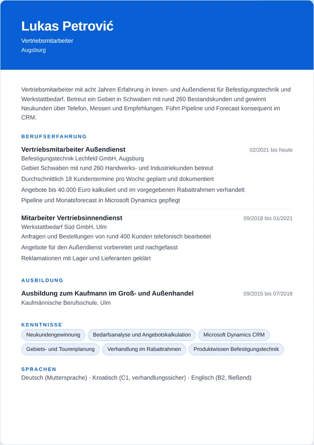 Beispiel-Lebenslauf als Vertriebsmitarbeiter mit fiktiven Angaben: Lukas Petrović, Vertriebsmitarbeiter