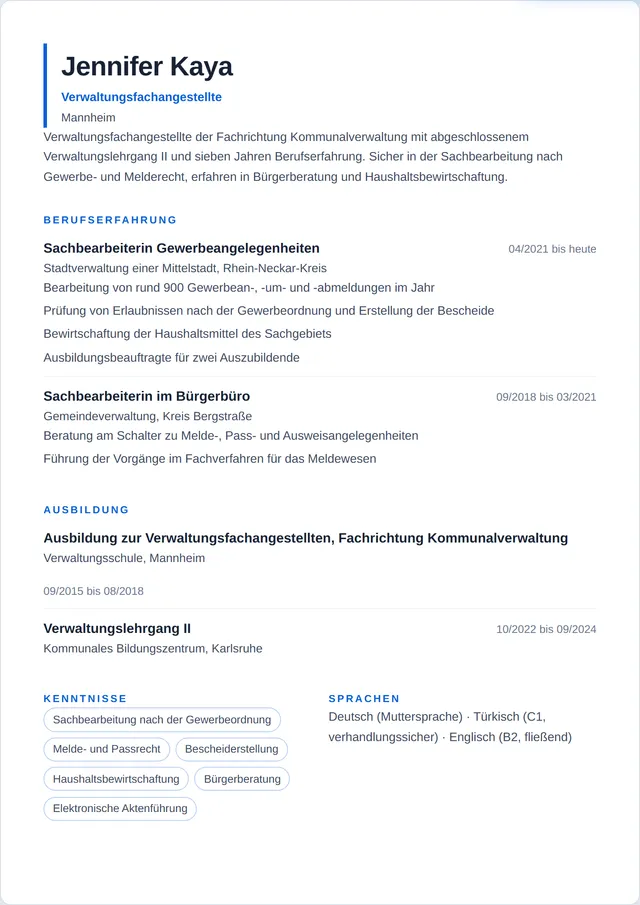 Beispiel-Lebenslauf als Verwaltungsfachangestellte mit fiktiven Angaben: Jennifer Kaya, Verwaltungsfachangestellte