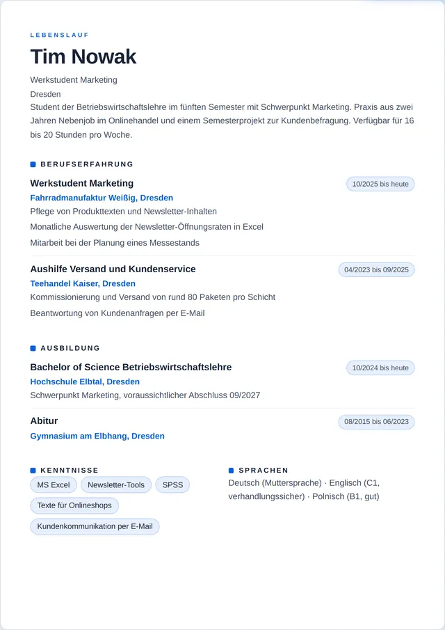 Beispiel-Lebenslauf als Werkstudent mit fiktiven Angaben: Tim Nowak, Werkstudent Marketing