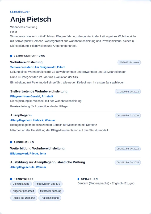 Beispiel-Lebenslauf als Wohnbereichsleitung mit fiktiven Angaben: Anja Pietsch, Wohnbereichsleitung