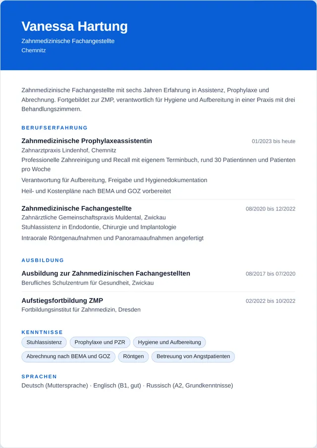 Beispiel-Lebenslauf als Zahnmedizinische Fachangestellte mit fiktiven Angaben: Vanessa Hartung, Zahnmedizinische Fachangestellte