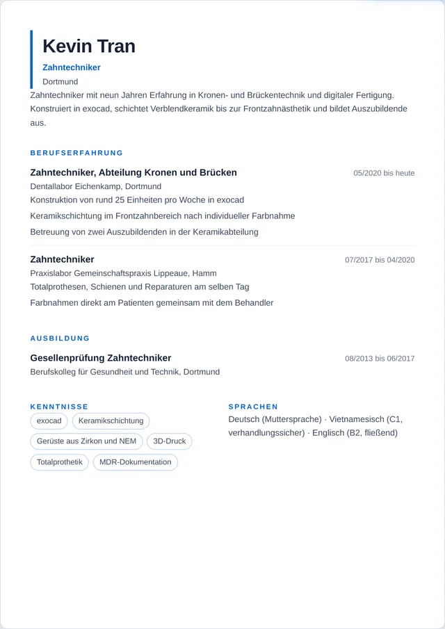 Beispiel-Lebenslauf als Zahntechniker mit fiktiven Angaben: Kevin Tran, Zahntechniker