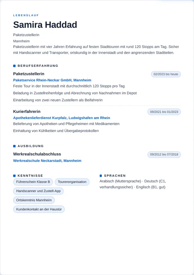 Beispiel-Lebenslauf als Zusteller mit fiktiven Angaben: Samira Haddad, Paketzustellerin