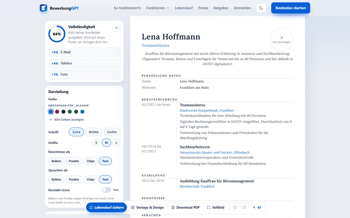 Lebenslauf-Editor von BewerbungGPT mit Eingabefeldern links und der Live-Vorschau des Lebenslaufs rechts
